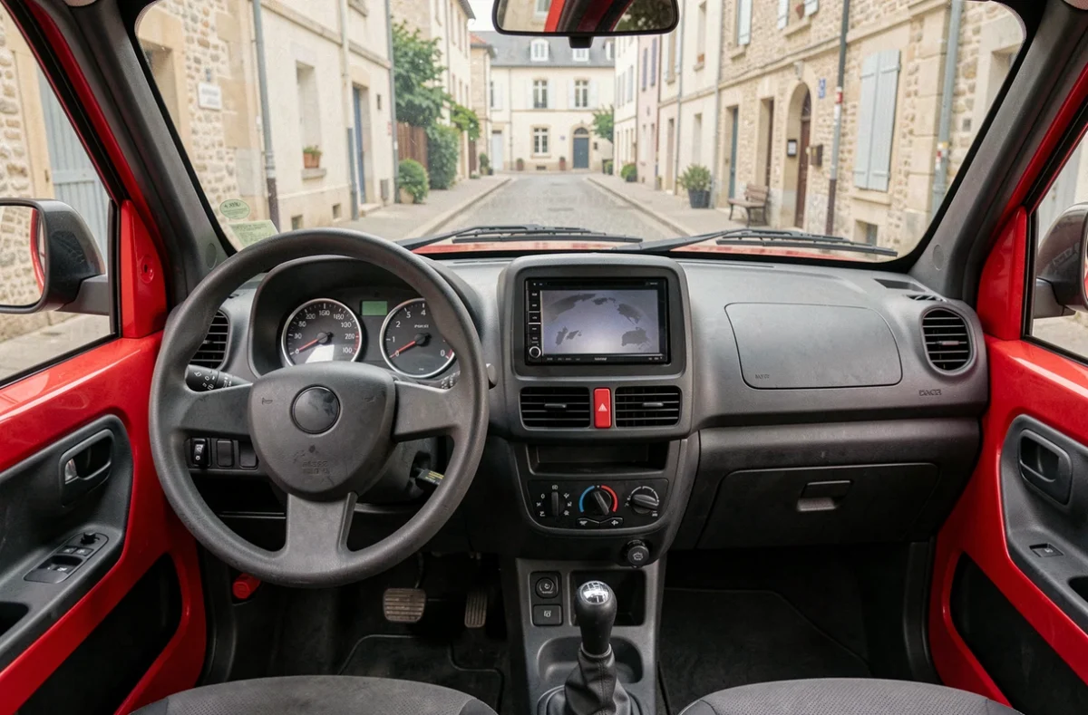 Tableau de bord minimaliste d'une voiture sans permis avec accents rouges et écran central
