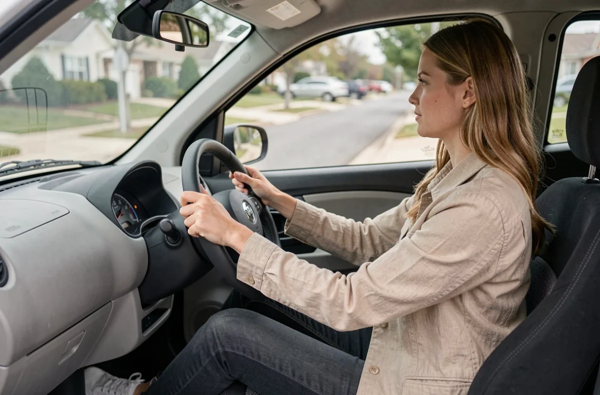 Femme conduisant une voiture sans permis à boîte automatique vue de l'intérieur