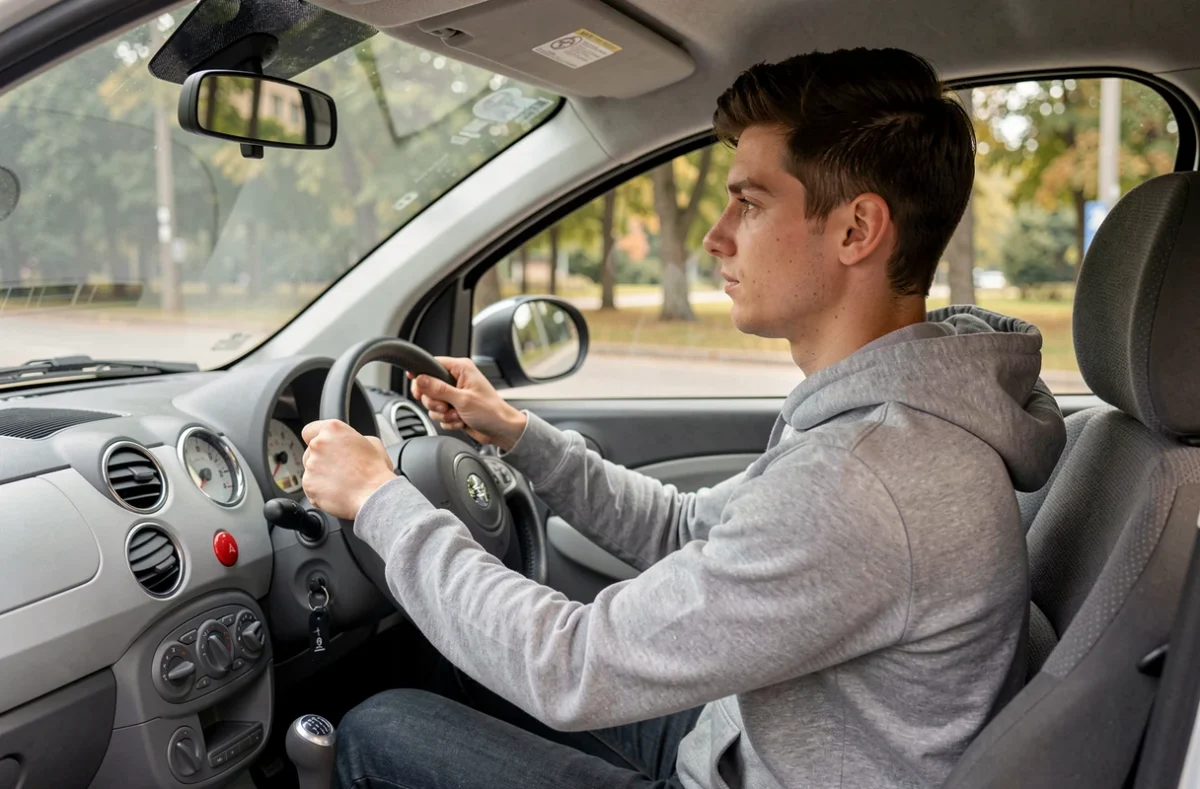 Jeune homme au volant d'une voiture sans permis grise avec tableau de bord minimaliste