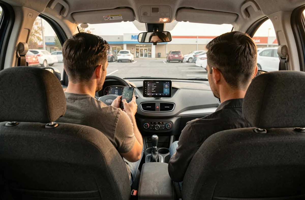 Intérieur d'une voiture sans permis électrique 4 places avec deux adultes consultants un smartphone sur le tableau de bord
