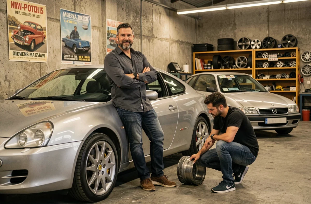 Showroom de Ital Auto 49 à Angers avec un garagiste décontracté et un jeune client inspectant un véhicule d'occasion aux roues en alliage dans un espace intimiste