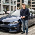 Jeune conducteur masculin debout à côté d'une BMW 320d bleue en milieu urbain, tenant ses clés de voiture