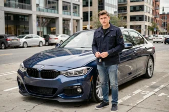 Jeune conducteur masculin debout à côté d'une BMW 320d bleue en milieu urbain, tenant ses clés de voiture