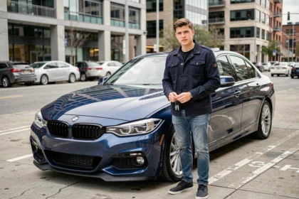 Jeune conducteur masculin debout à côté d'une BMW 320d bleue en milieu urbain, tenant ses clés de voiture