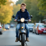 Jeune garçon en hoodie roulant en scooter dans un quartier résidentiel