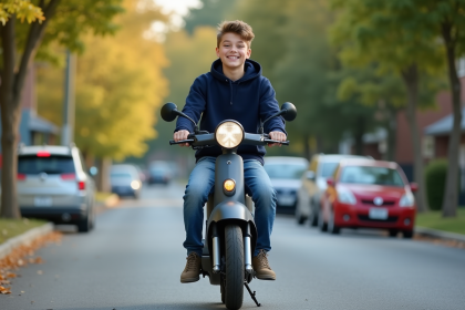 Jeune garçon en hoodie roulant en scooter dans un quartier résidentiel