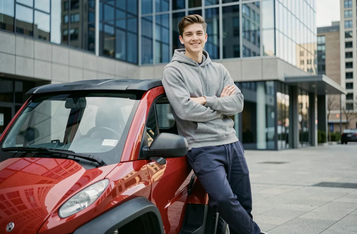 Jeune homme appuyé contre une voiture sans permis rouge devant un immeuble moderne en ville