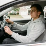 Jeune conducteur débutant assis au volant d'une voiture compacte moderne, expression concentrée, intérieur de véhicule contemporain