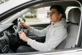 Jeune conducteur débutant assis au volant d'une voiture compacte moderne, expression concentrée, intérieur de véhicule contemporain