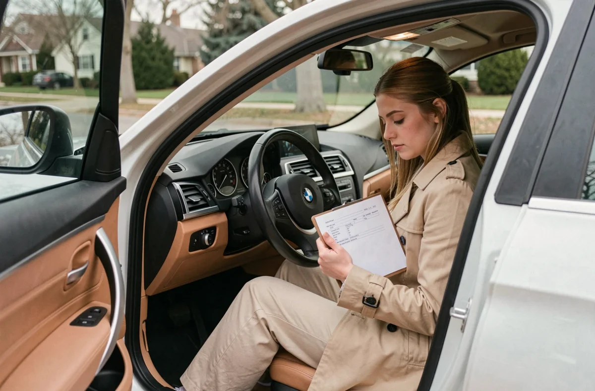 Jeune femme conductrice assise dans une BMW 320d consultant son contrat d'assurance automobile