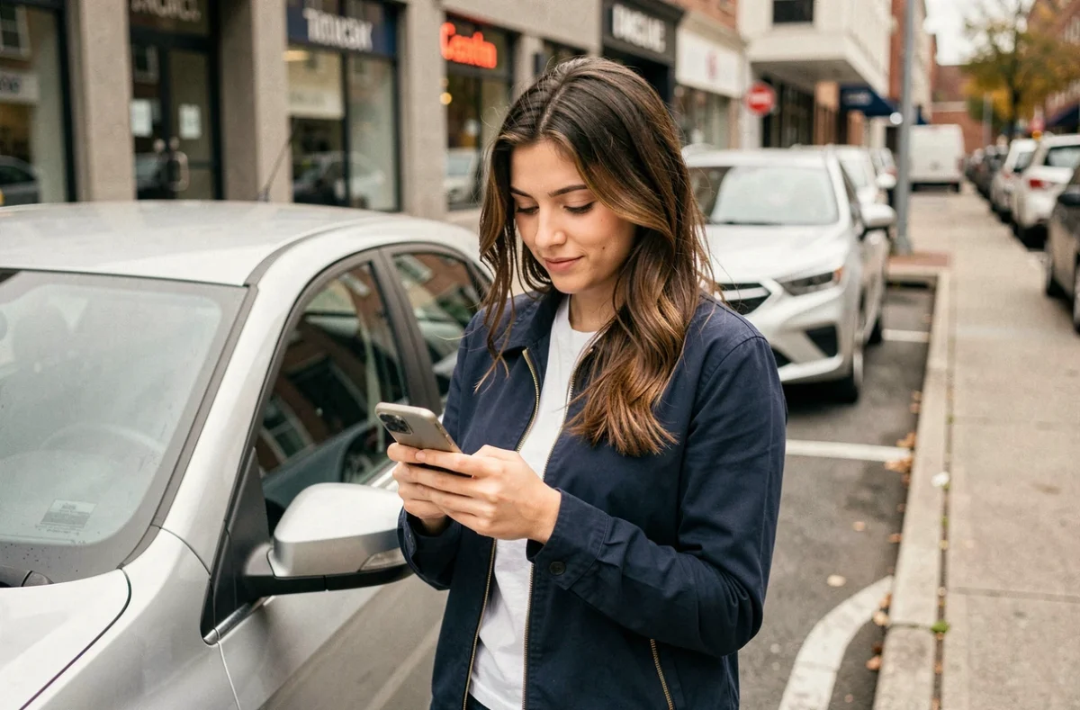 Jeune femme conductrice consultant une offre d'assurance sur smartphone à côté de sa voiture en ville