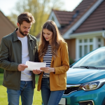 Jeune couple examinant documents d'assurance voiture devant une citadine
