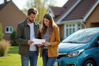 Jeune couple examinant documents d'assurance voiture devant une citadine