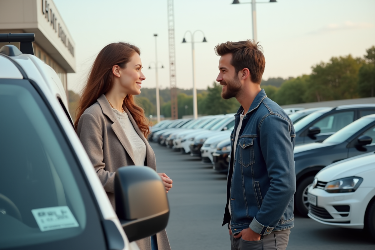 Jeune couple inspectant un utilitaire d