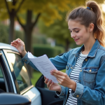 Jeune femme examine une brochure d'assurance voiture dehors