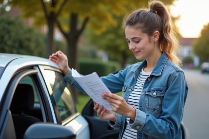 Jeune femme examine une brochure d'assurance voiture dehors