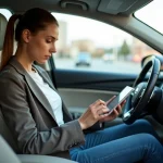 Jeune femme dans une voiture urbaine consulte son assurance