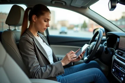 Jeune femme dans une voiture urbaine consulte son assurance