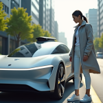 Jeune femme devant une voiture autonome urbaine futuriste