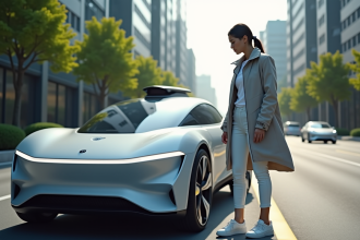 Jeune femme devant une voiture autonome urbaine futuriste