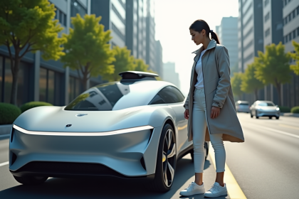 Jeune femme devant une voiture autonome urbaine futuriste
