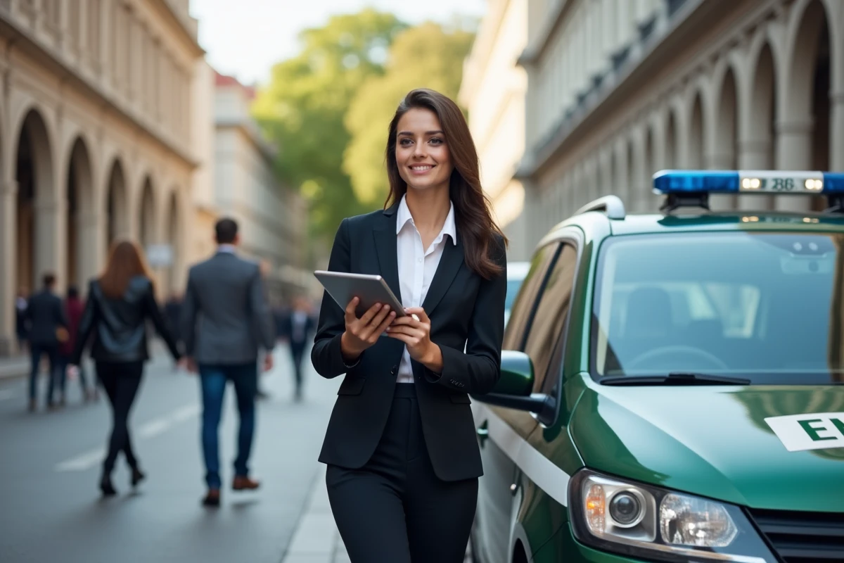 Jeune femme civil servant avec tablette devant voiture