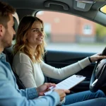 Jeune femme anxieuse au volant d'une voiture moderne