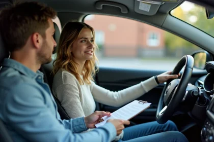 Jeune femme anxieuse au volant d'une voiture moderne