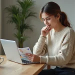 Jeune femme vérifiant son permis de conduire dans la cuisine