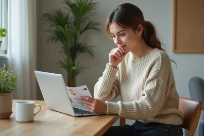 Jeune femme vérifiant son permis de conduire dans la cuisine