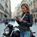 Jeune femme souriante avec moto en ville moderne