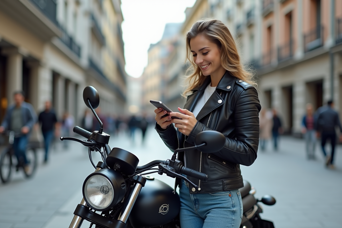 Jeune femme souriante avec moto en ville moderne
