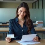 Femme avec permis de conduire et papiers dans un bureau administratif