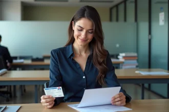 Femme avec permis de conduire et papiers dans un bureau administratif