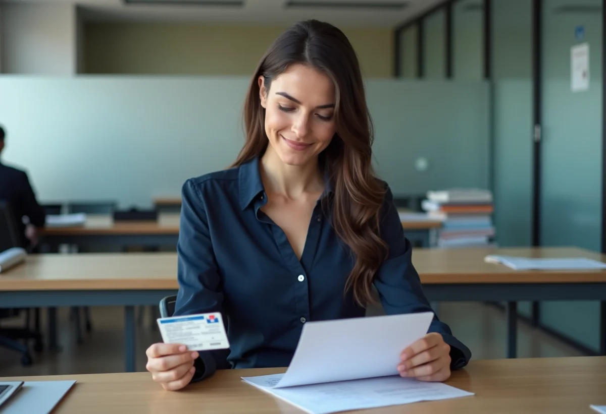 Femme avec permis de conduire et papiers dans un bureau administratif