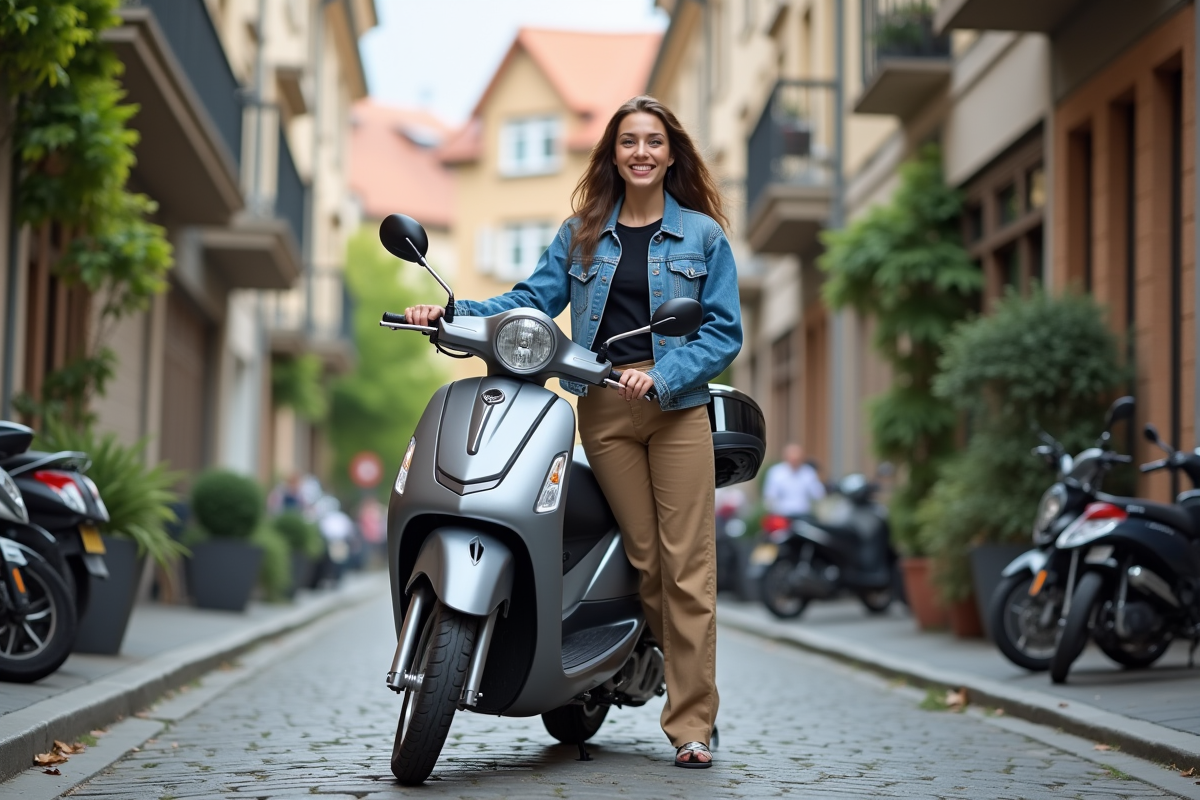 Jeune femme souriante avec scooter en ville