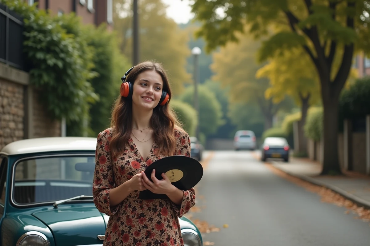 Jeune femme avec casque vintage devant une voiture ancienne