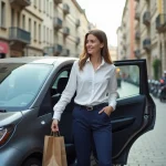 Jeune femme urbaine ferme la porte d'une petite voiture en ville