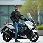 Jeune homme en veste moto urbaine avec scooter Yamaha Tmax