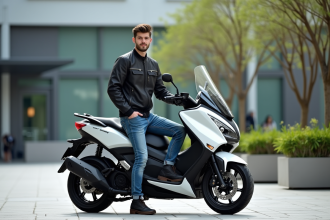 Jeune homme en veste moto urbaine avec scooter Yamaha Tmax