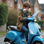 Jeune garçon sur scooter bleu regardant son smartphone