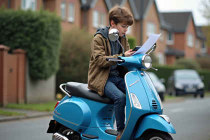 Jeune garçon sur scooter bleu regardant son smartphone