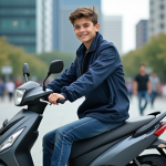 Jeune garçon en windbreaker sur scooter en ville