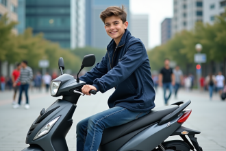 Jeune garçon en windbreaker sur scooter en ville