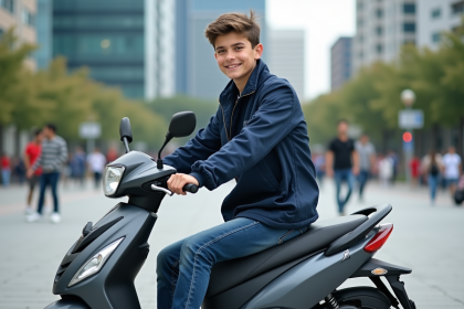 Jeune garçon en windbreaker sur scooter en ville