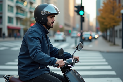 Jeune homme en scooter en ville avec casque et regard concentré