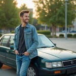 Jeune homme souriant à côté d'une voiture classique des années 90
