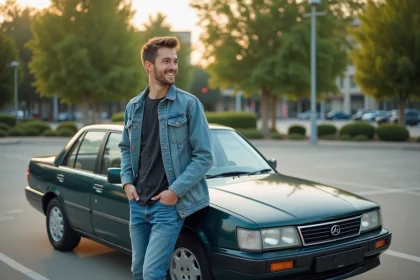 Jeune homme souriant à côté d'une voiture classique des années 90