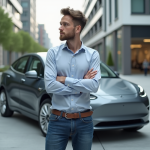 Jeune homme en ville près d'une voiture électrique moderne