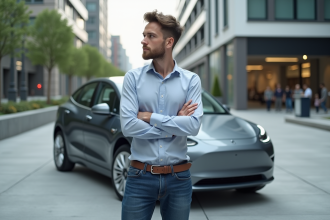 Jeune homme en ville près d'une voiture électrique moderne